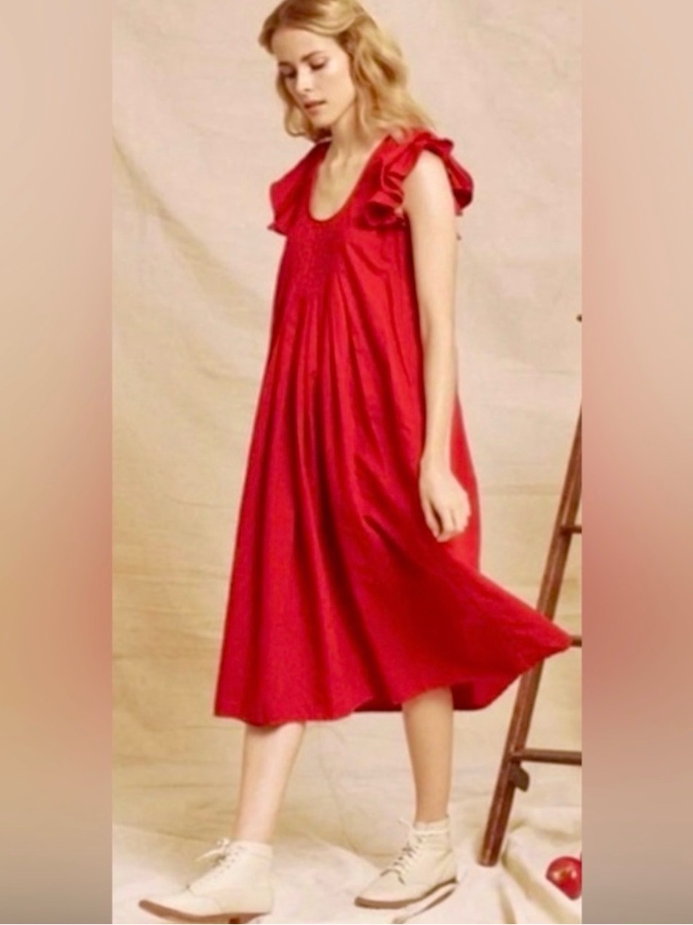 The Great. Flutter sleeve dress in red